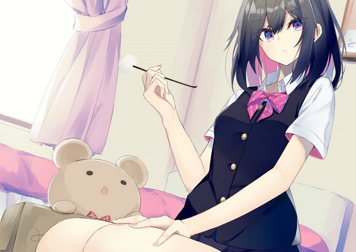 Anime girl with black hair and purple eyes holding a brush