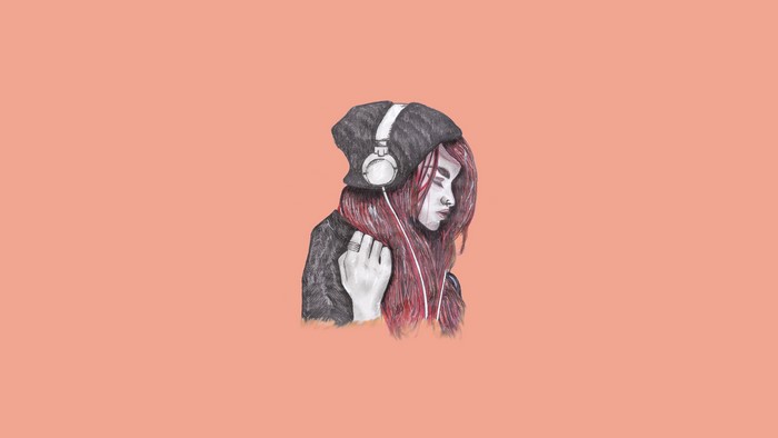 Girl with headphones and beanie, traditional art