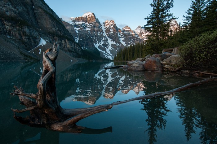 Moraine Lake mountains reflection at dawn, Canada