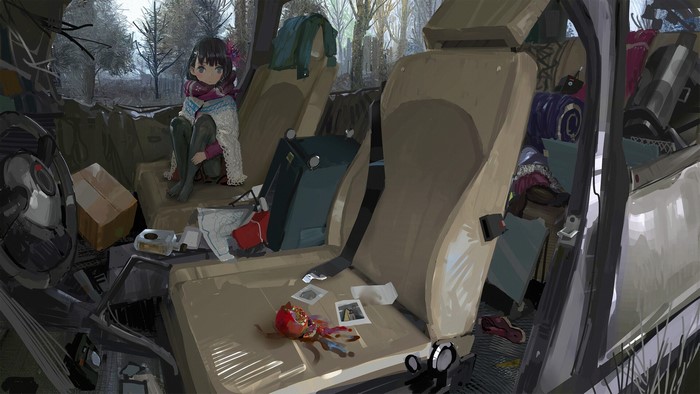 Anime girl sitting in a cluttered car in a forest