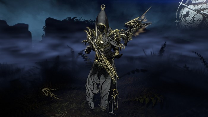 Harrow Prime from Warframe in a foggy landscape