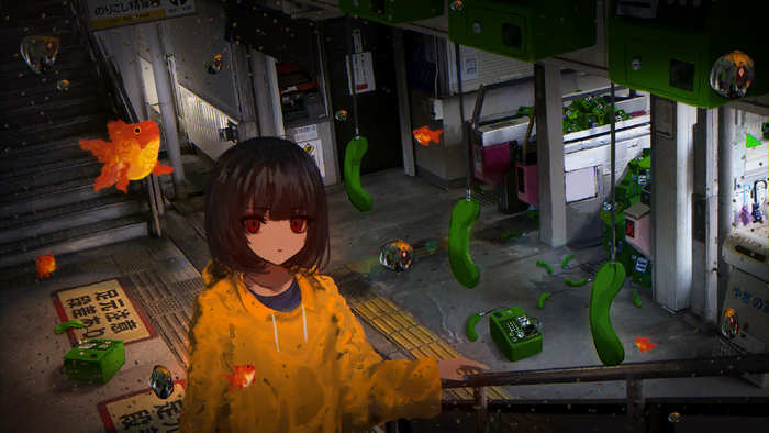 Girl in raincoat with goldfish and telephones