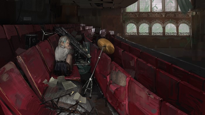 Girl in abandoned theater with musical instruments