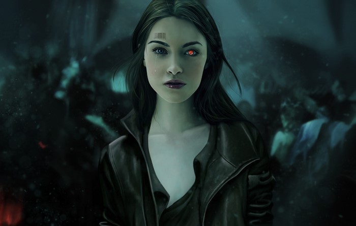 Cyborg woman with red eye and barcode
