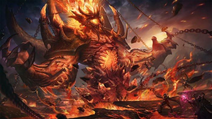 Fiery demon creature with chains and small figures