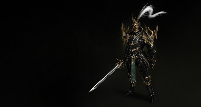 Knight in black and gold armor holding a sword