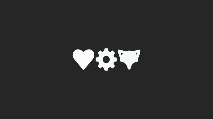 Heart, Gear, and Fox Iconography on Dark Background