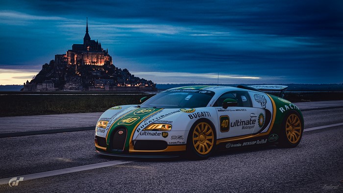 Bugatti Veyron Racing Car on Road at Dusk