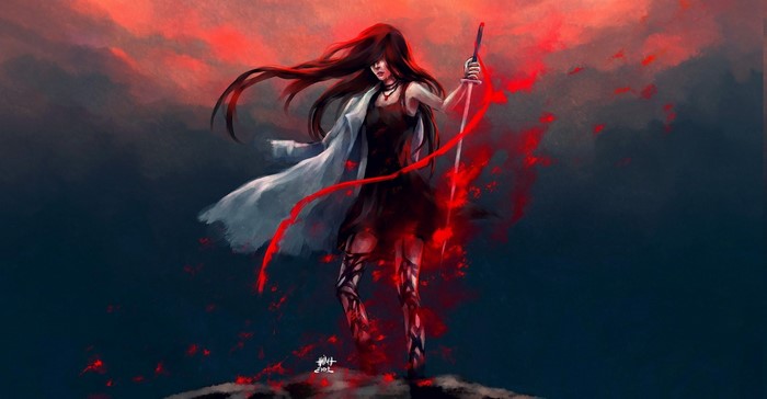 Artwork of a woman with a sword and red energy