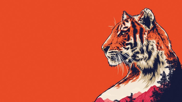 Tiger with Mountain and Forest Landscape
