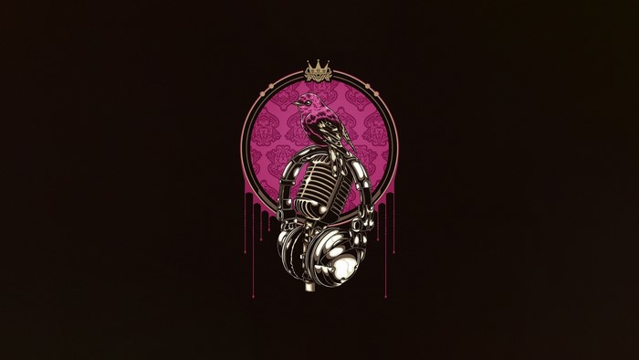 Bird on a microphone with headphones and crown