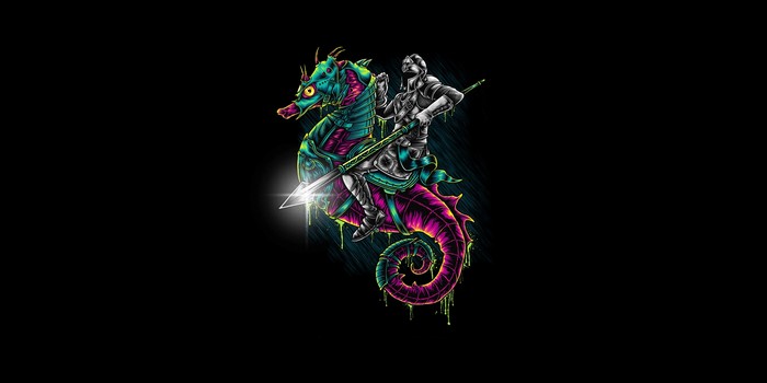 Armored warrior riding a neon seahorse