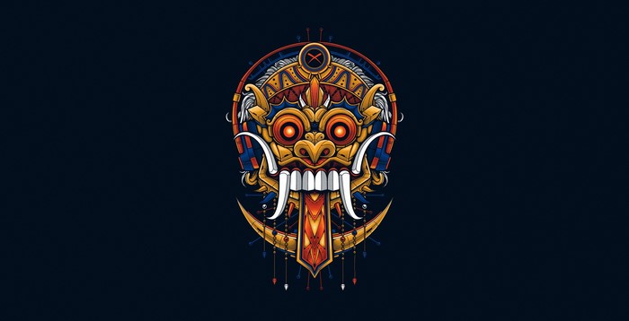 Balinese Barong mask artwork with dark background