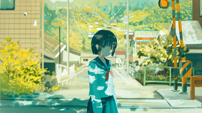 Girl in school uniform at a railroad crossing