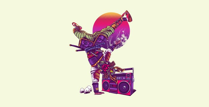 Samurai breakdancing with a boombox