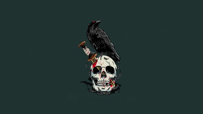 Raven Perched on Skull with Knife