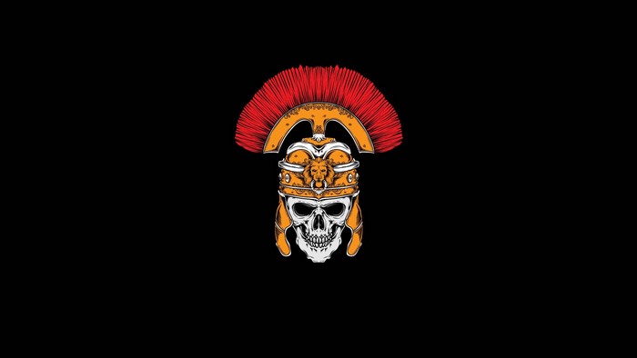 Skull wearing a Roman helmet with a red plume