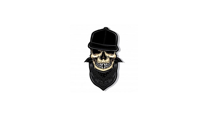 Skull wearing a black baseball cap and bandana