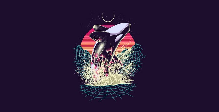 Orca jumping out of water with retro sunset and grid
