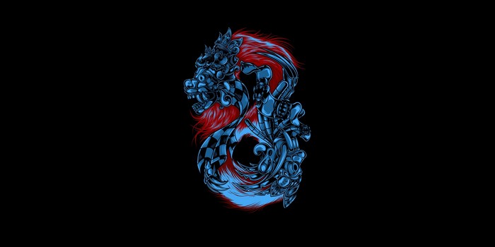 Blue and red dragon artwork with checkered pattern