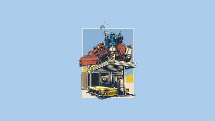 Optimus Prime at a gas station with a yellow car