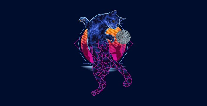 Blue cat playing with a ball in retro style