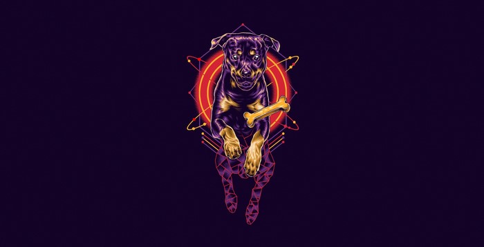 Dog with bone in front of geometric shapes