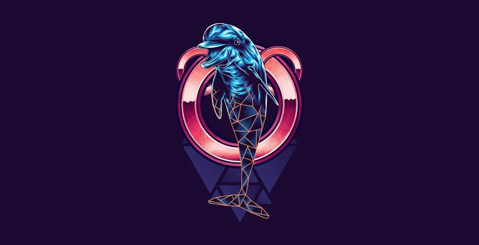 Digital art of a blue dolphin with geometric patterns
