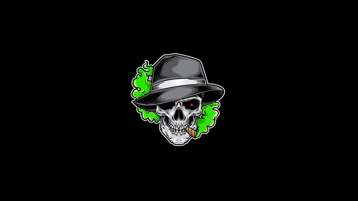 Skull wearing a fedora and smoking a cigar with green smoke