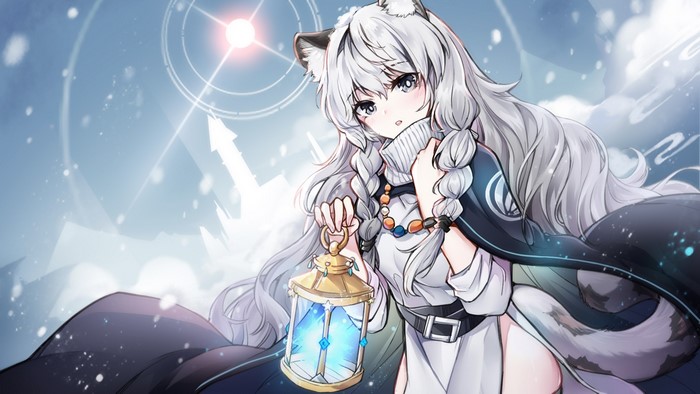 Pramanix from Arknights holding a lantern