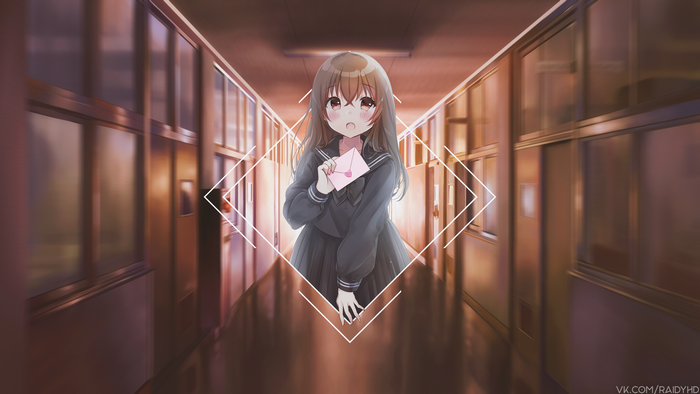 Anime girl holding a letter in a school hallway