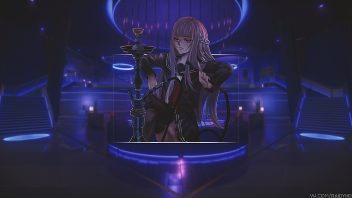 Anime girl with hookah in a futuristic club