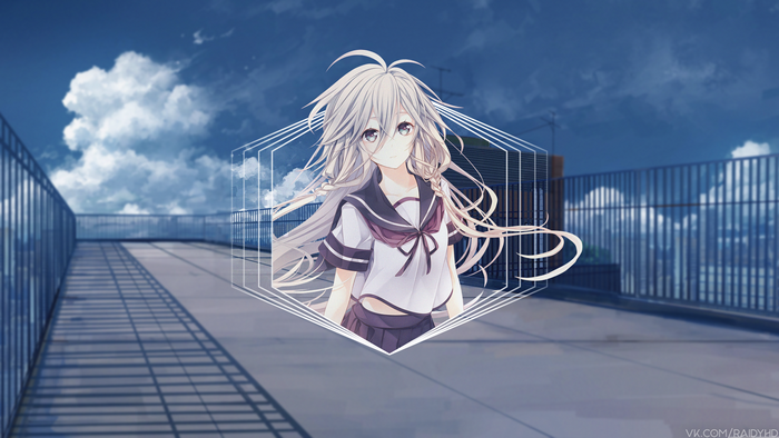 Anime girl on a rooftop with clouds