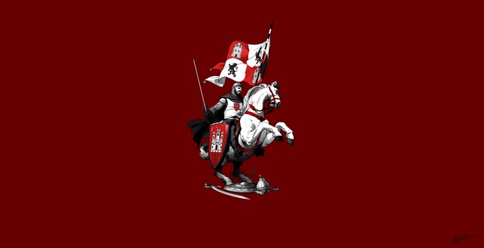 Knight on a white horse with a flag