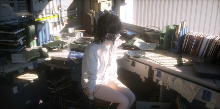 Anime girl with headphones sitting at a desk with books