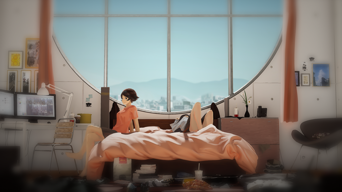 Anime girls in a room with a large window
