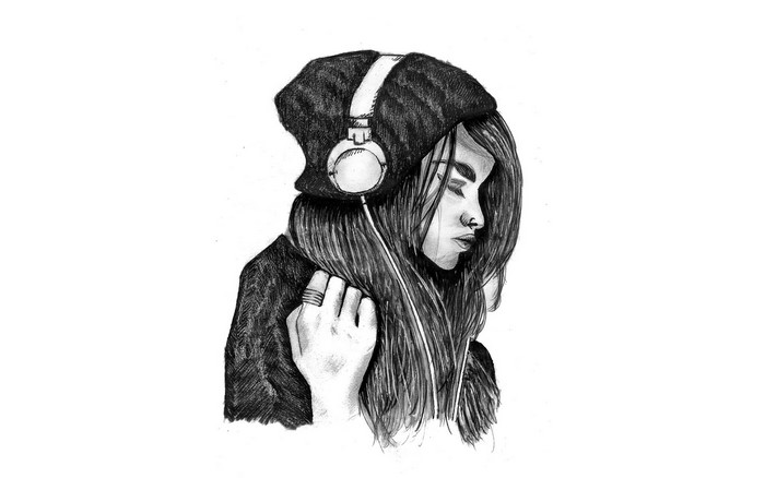 Pencil drawing of a woman wearing headphones and a beanie