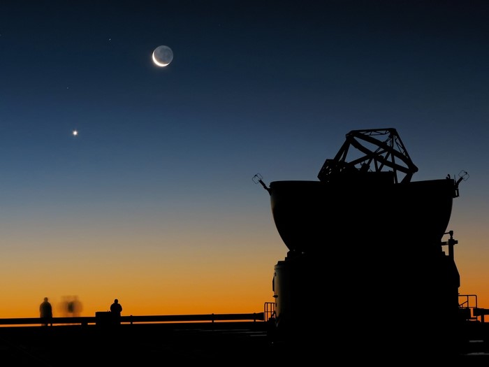 Crescent Moon and Venus over Radio Telescope at Sunset