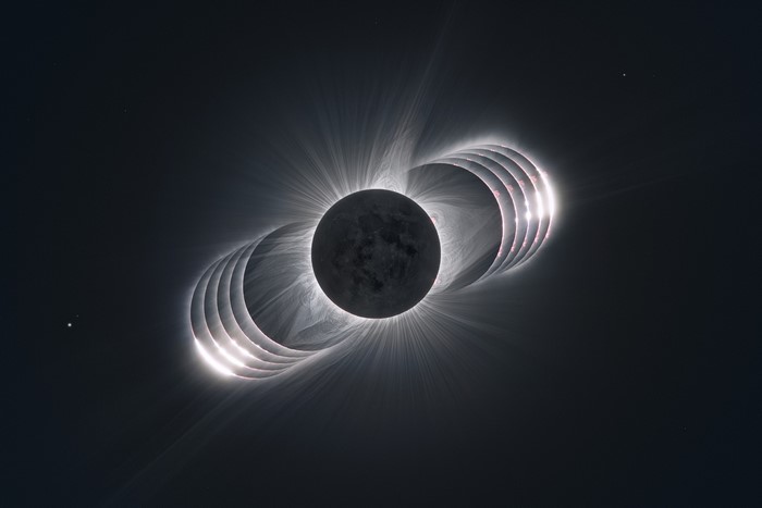 Composite image of a solar eclipse with corona and Bailey's beads