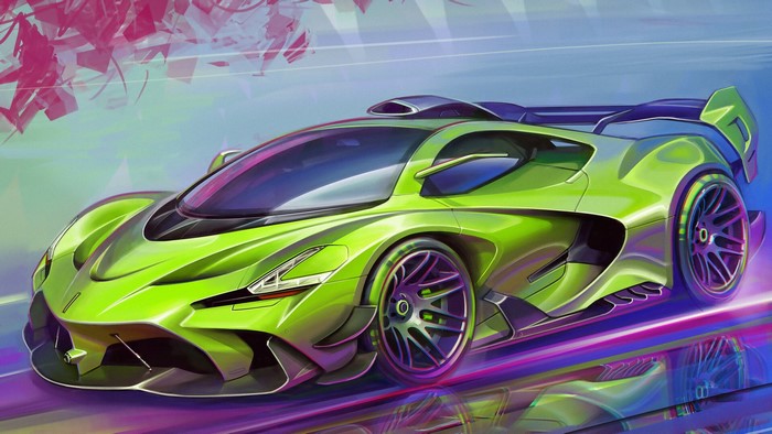 Green futuristic race car artwork by Aleksandr Sidelnikov
