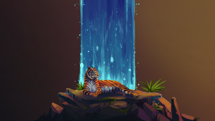 4K Tiger Resting by Waterfall