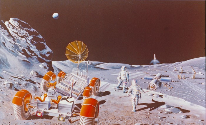 Astronauts on the Moon with Rover and Rocket Launch