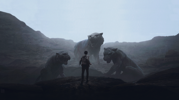 Man confronts three large cougar statues in a rocky landscape