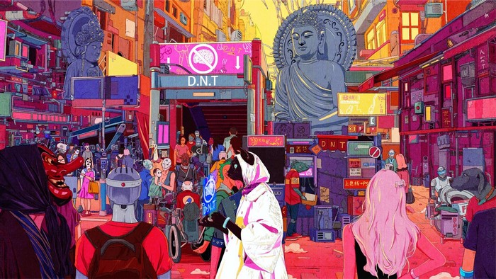 Cyberpunk city street with Buddha statue and diverse crowd