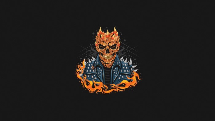Demon skull with horns and flames wearing a spiked jacket