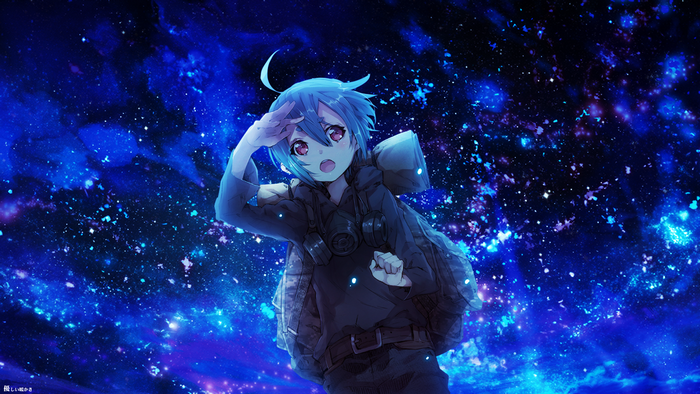 Anime girl with blue hair in a starry night sky