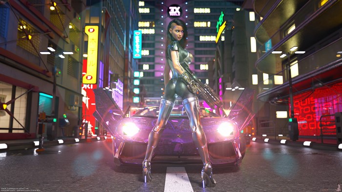 Cyberpunk woman with rifle and Lamborghini in city at night
