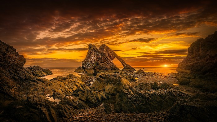 Bow Fiddle Rock at sunset, Scotland
