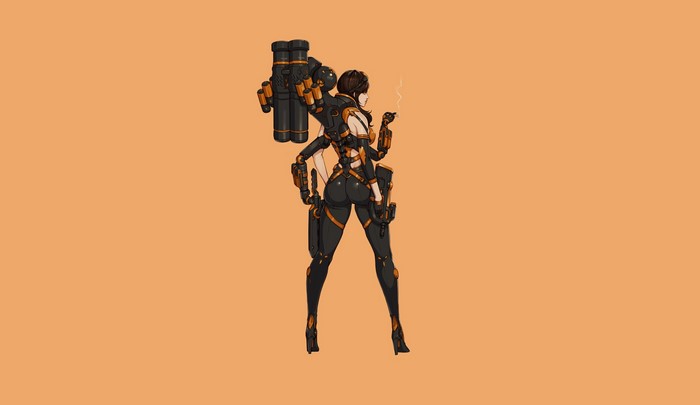Woman with large weapon smoking cigarette
