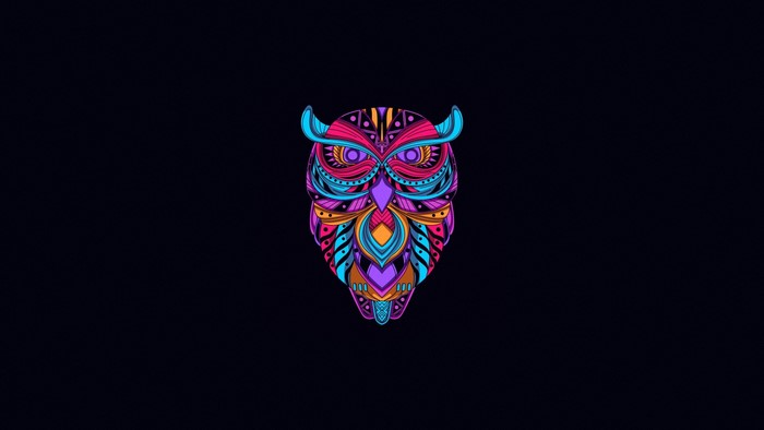 Colorful abstract owl artwork on black background